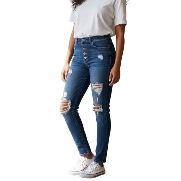 Almost Famous Women’s High Rise Mom Jeans Size 13 Distressed Stretch NWT - Picture 1 of 9